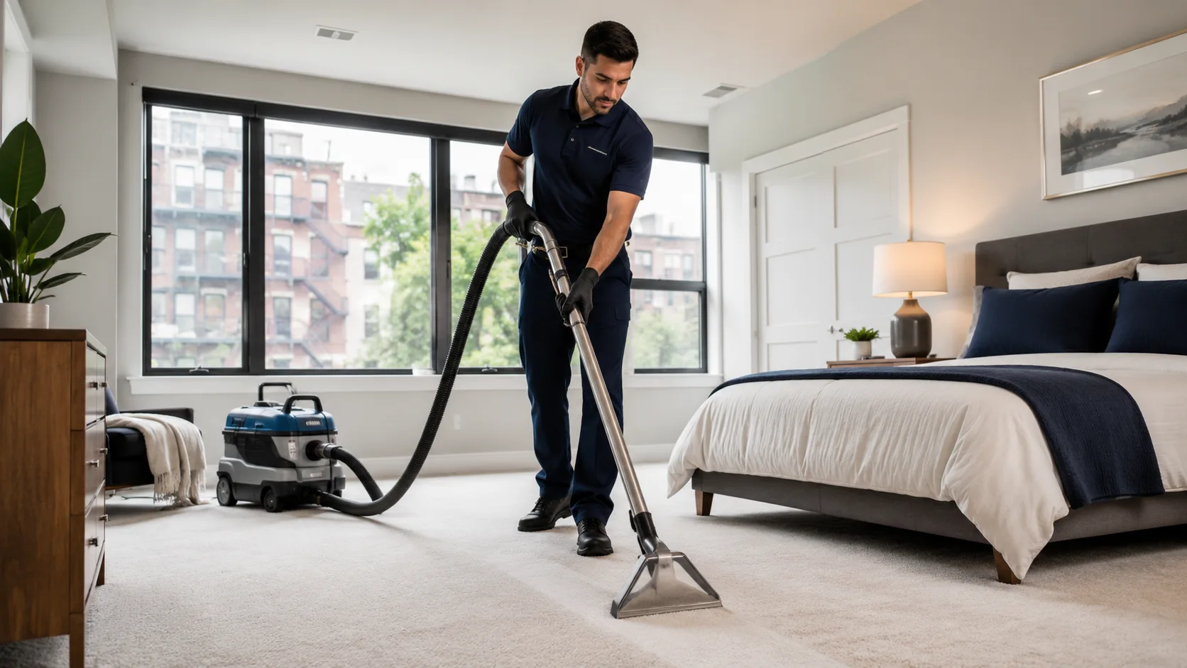 Professional carpet cleaning technician treating a residential carpet in Montreal