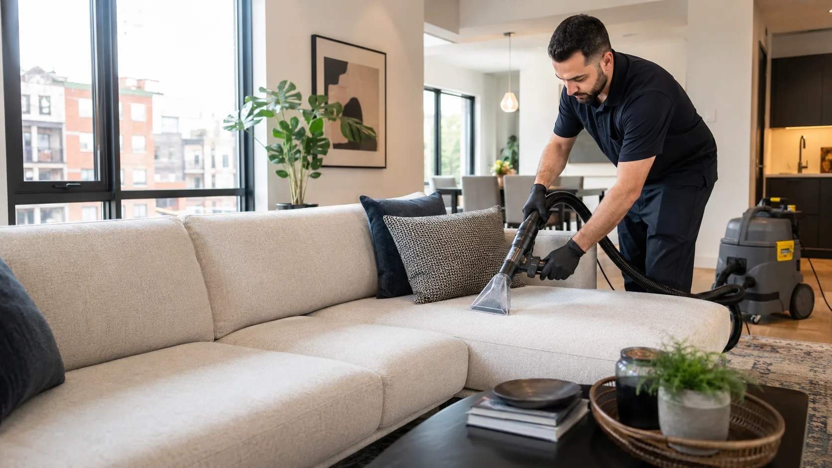 Professional sofa cleaning in a Montreal home by Maqsim Protection