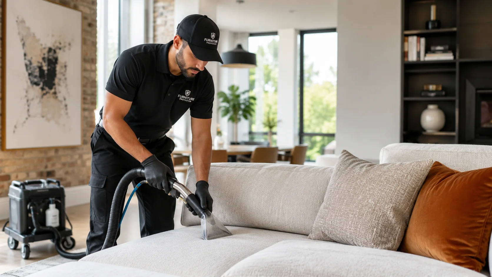 Maqsim Protection technician professionally cleaning a sofa in a Montreal home