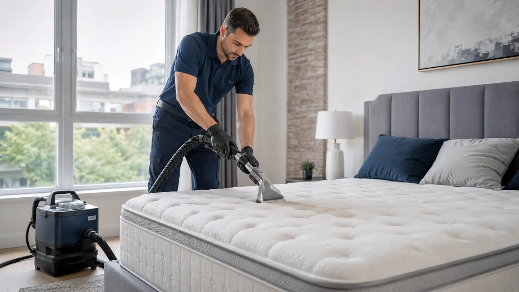 Professional mattress cleaning technician treating a mattress in a Montreal bedroom