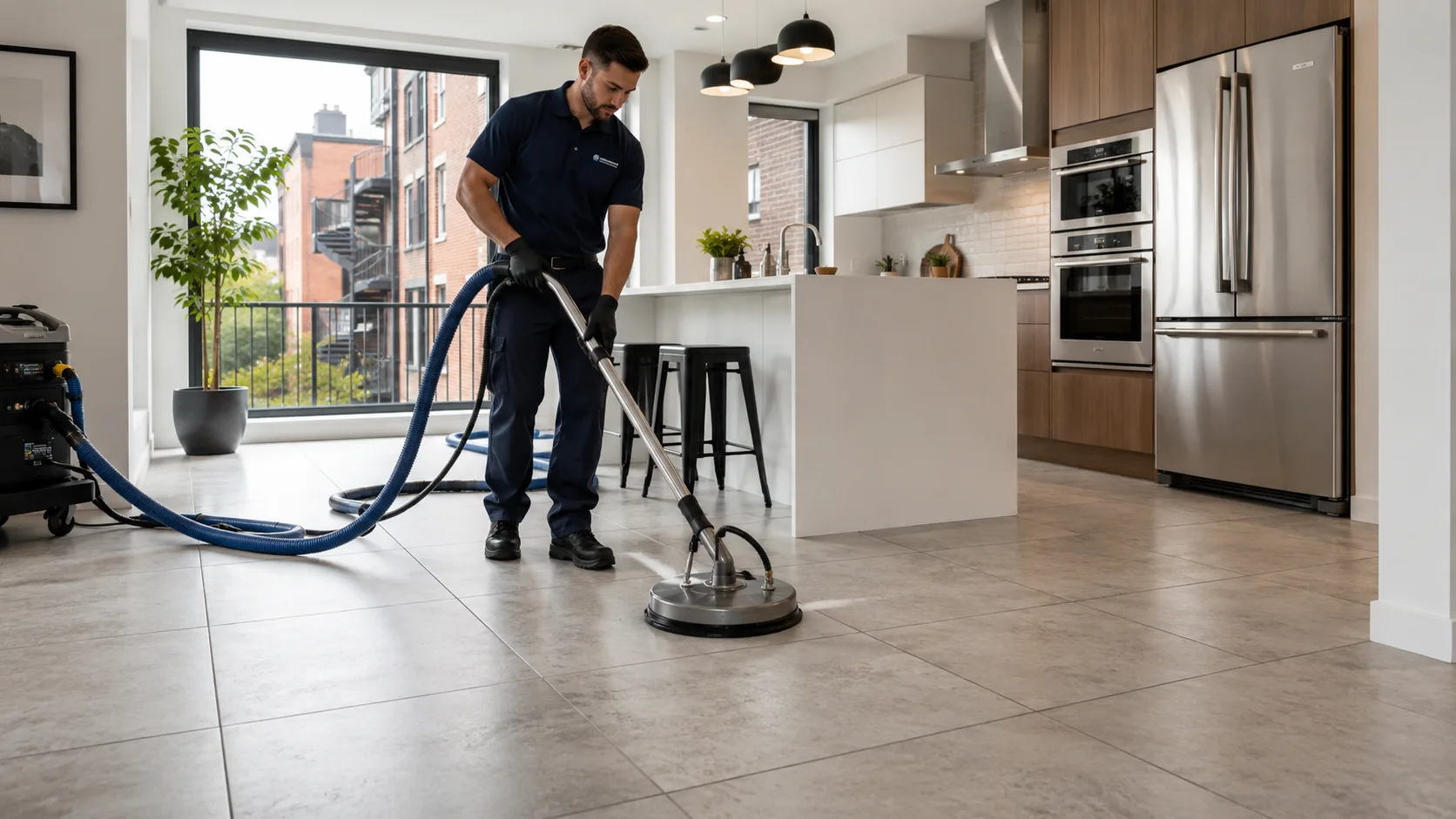 Professional tile and grout cleaning in a Montreal kitchen by Maqsim Protection
